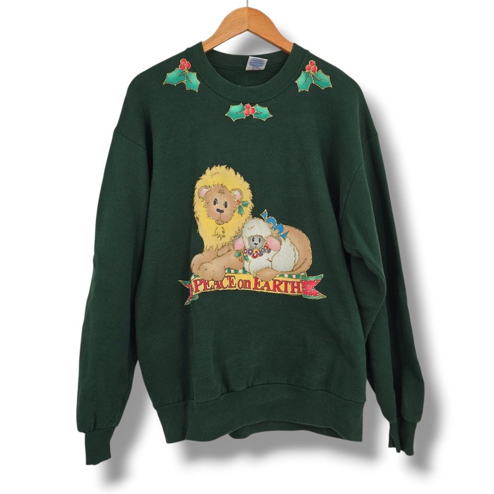 Vintage Jerzees Peace On Earth Lion Lamb Christmas Sweatshirt Green Large 90s